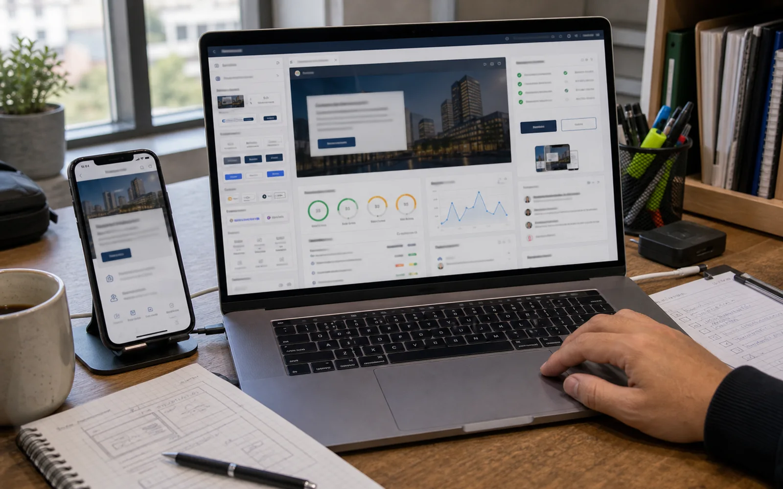 Workspace de desarrollo web con preview responsive y métricas