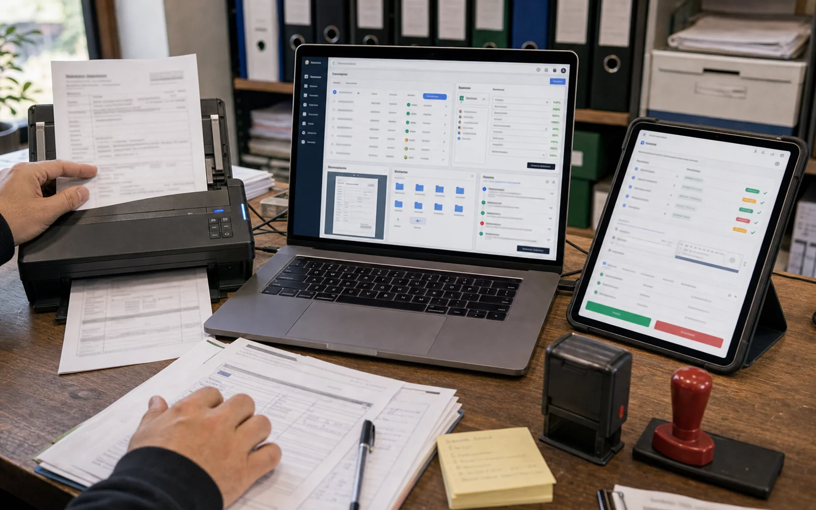 Plataforma de digitalización documental con escáner, notebook y tablet