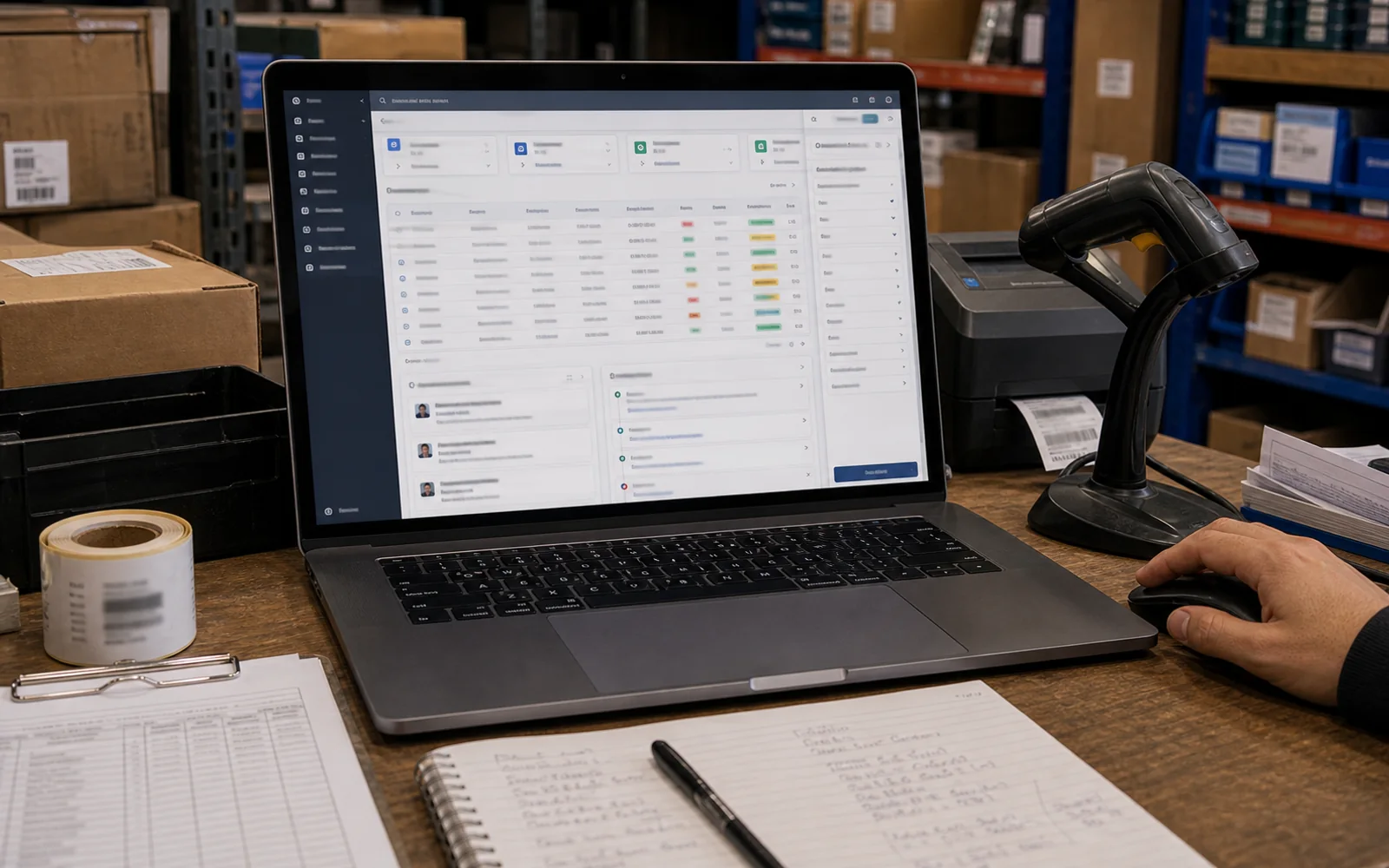 Software interno tipo ERP abierto en notebook dentro de una bodega