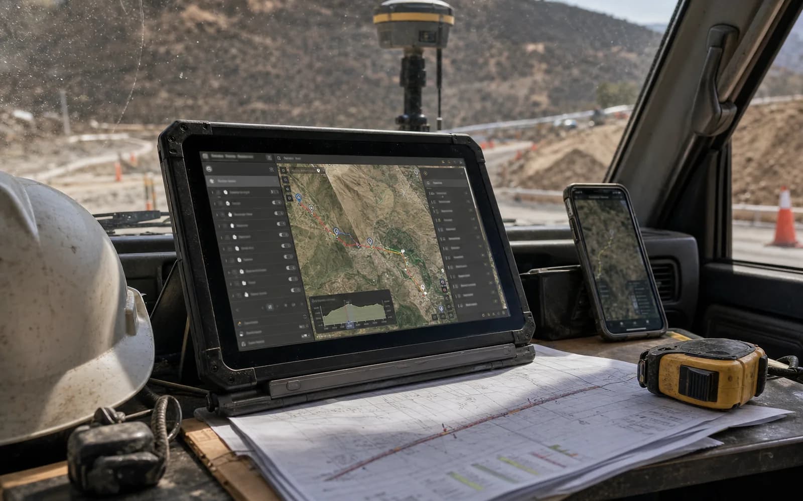 Visor de mapas KMZ con capas y rutas en un notebook